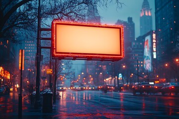 Neon-Lit Billboard Mockup in Rainy Cityscape with Blurred Cars and Skyscrapers &ndash; Urban Night Scene for Advertising and Branding in Moody Atmosphere

