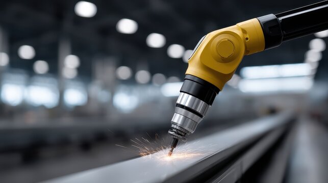 Close up of a yellow robotic arm using a drill on a metal surface, sparks flying. Industrial setting, blurry background.