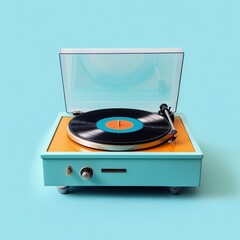 Fototapeta premium Vintage Record Player on Blue Background: A Retro 60s Music Icon in Trendy Style
