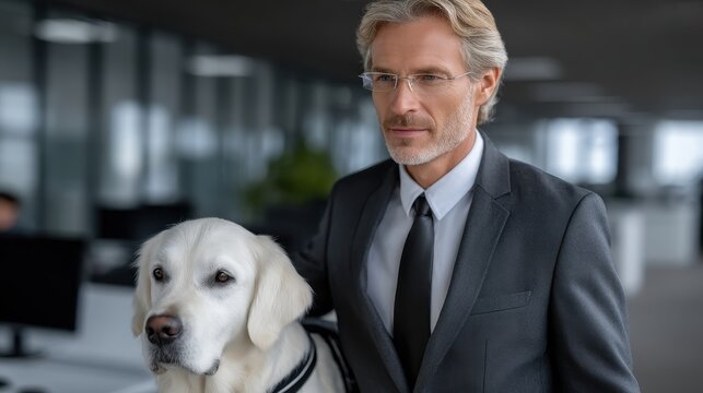 Mature man in a dark suit and glasses stands with a white labrador retriever in a modern office setting. Natural light illuminates the scene.