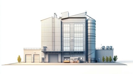 Exterior View of Agro-Processing Facility with Silver Silos for Drying and Storing Agricultural Grains and Products