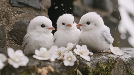 Three Adorable White Birds Perched Among Delicate Flowers on Mossy Surface in Serene Ambiance