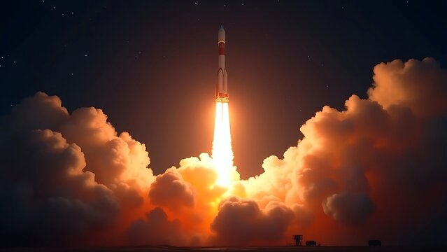 Rocket taking off into the night sky. 3D Rendering.