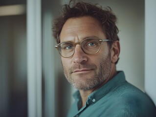 Confident mature man in glasses looking at camera indoors

