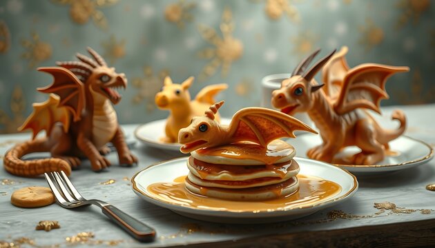 a plate with pancakes and a dragon figurin