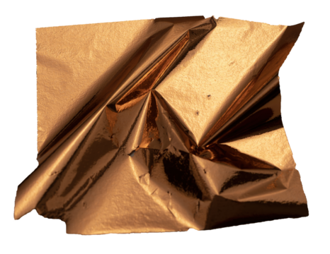 Torn, rippled bronze foil texture with a glossy, pearlescent finish. Frayed, damaged edges creating