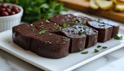 Beef liver slices on white plate side angle bold color raw texture sharp gourmet display