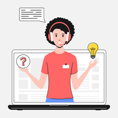 Cartoon Color Character Woman Wearing Headset and Speech Bubble Online Helper Concept Flat Design Style . Vector illustration