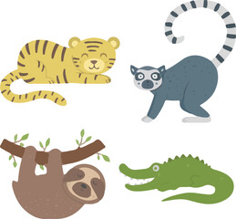 Cute Jungle Animals Vector Set – Tiger, Lemur, Sloth, and Crocodile for Kids