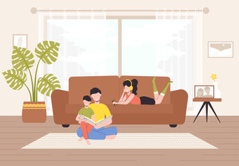 Cartoon Color Characters Daddy and Kids Spends Time Home Concept Flat Design Style. Vector illustration of Happy Together