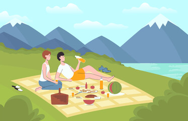 Cartoon Color Characters Couple Relaxing on Picnic Weekend Landscape Scene Concept Flat Design Style. Vector illustration