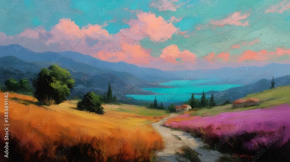 Aufkleber 田園風景の油絵風イラスト 山々 湖 雲 草原 鮮やかな色彩 美しい景色