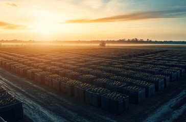 Fototapeta premium Drone view of organized seed beds in agricultural test field with