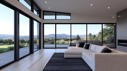 Modern Living Room with Panoramic Views: Elegant Interior Design Featuring White Sofa, Expansive Windows, and Natural Light.