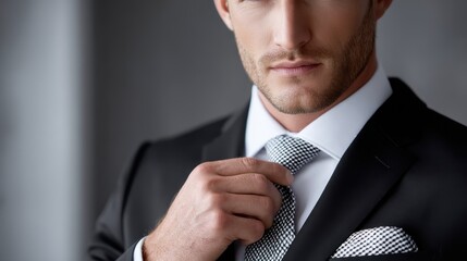 Close up of a man adjusting his tie, speckled with glitter, wearing a black suit and white shirt against a gray background. 