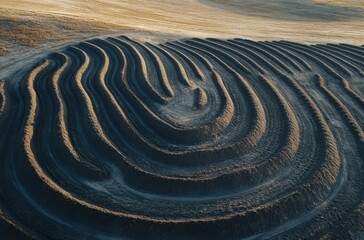 Drone view of organized seed beds in agricultural test field with