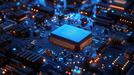 Obraz premium A close up view of a blue computer chip on a circuit board with glowing lights and dark components