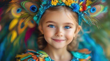 Smiling girl in peacock dress frontal vibrant feather pattern festive play colorful child joy moment