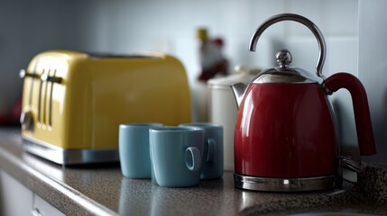 A vibrant countertop with a red kettle, aqua mugs, and a cheerful yellow toaster, exuding a lively kitchen atmosphere.