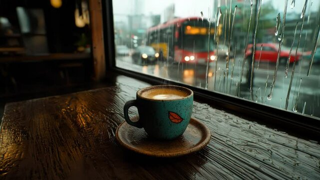 A hot Cup of coffee with leaf print on Table and lofi view from window during Rain of Road Traffic - Loop Music Video Background Cover