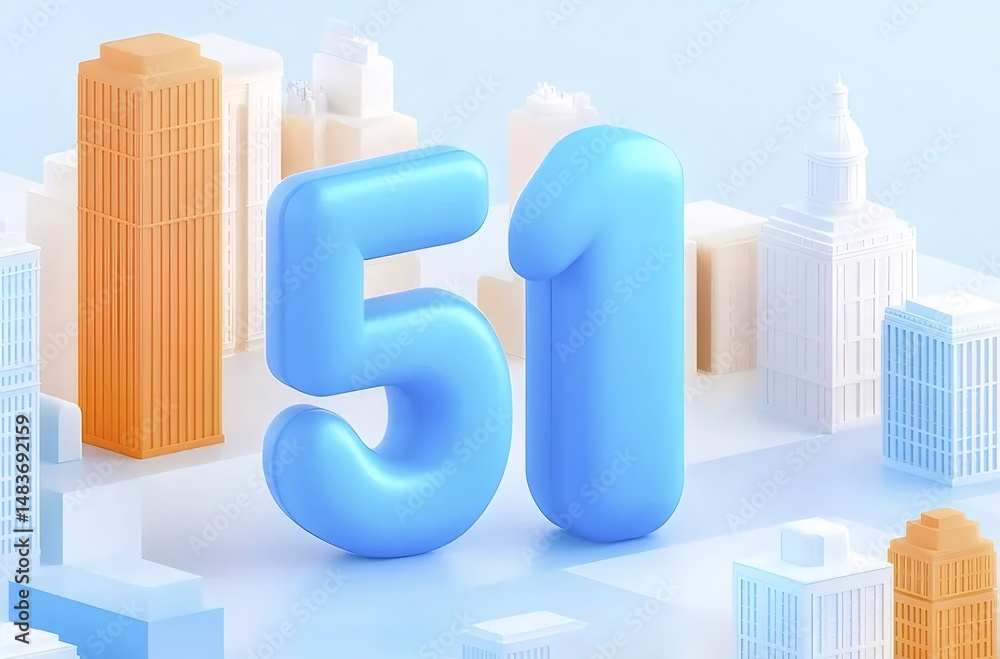 Aufkleber 水色の51の数字と白いミニマルな建物とオレンジ色の建物が描かれた都市の風景の3dレンダリング