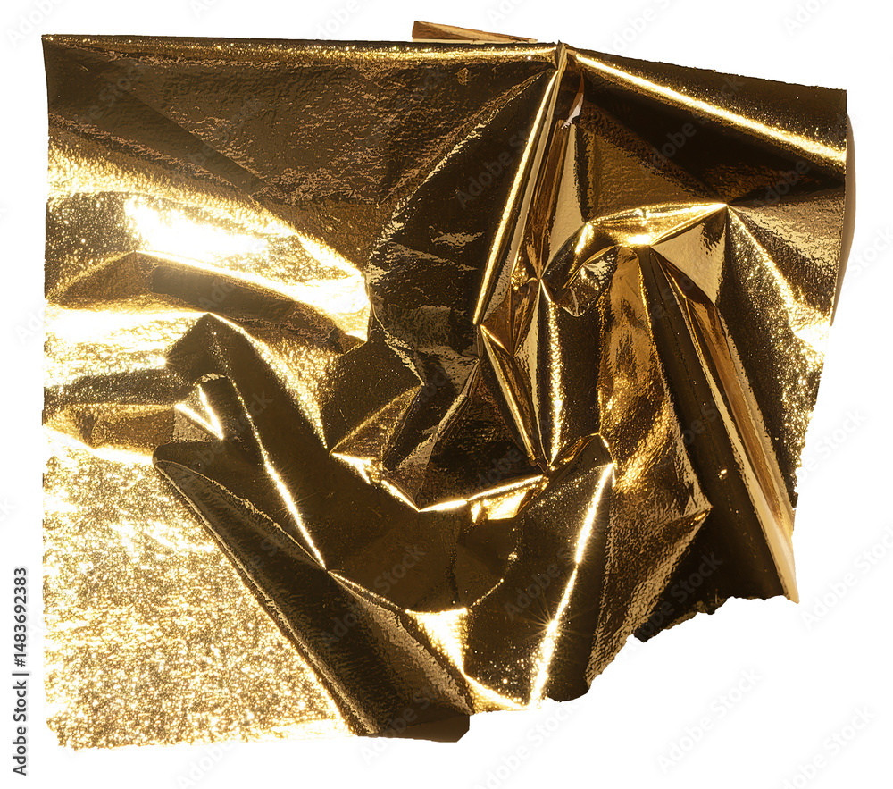 Poster torn, rippled golden foil texture with a glossy finish. damaged, irregular edges creating a grunge