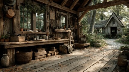 Rustic Wooden Workshop with Vintage Tools and Outdoor Garden Setting