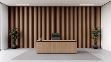 Modern Office Interior Design Featuring Wooden Desk, Vertical Slats, Stylish Chair, Potted Plants, and Minimalist Aesthetic for Product Mockup.