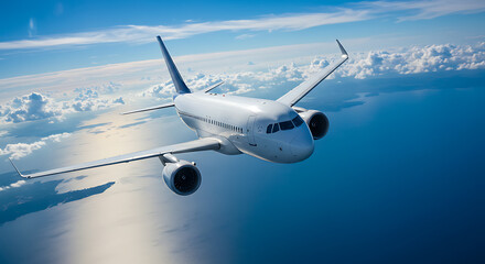 Obraz premium A sleek, white passenger airplane soars through a vibrant blue sky filled with fluffy white clouds.