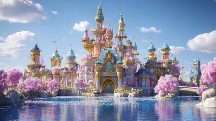 Obraz premium Enchanted Fairytale Castle by the Lake: A Dreamlike Digital Artwork