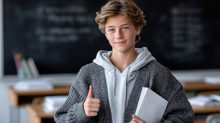 Teenage boy with curly blond hair gives thumbs up, holding notebook in classroom with chalkboard background.