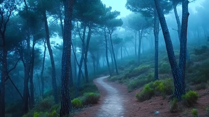 Enigmatic Forest Trail: A captivating pathway winds its way through a serene forest shrouded in a mystical mist, evoking a sense of wonder and introspection. The trees stand tall.