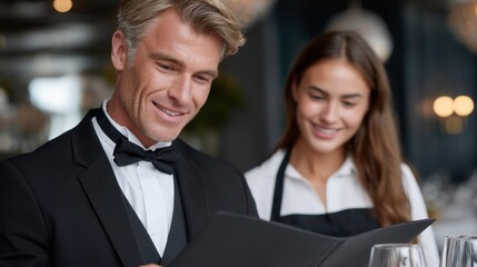 Fototapeta premium Smiling waiter in a black tuxedo reviews a menu with a smiling waitress in the background in a restaurant setting.