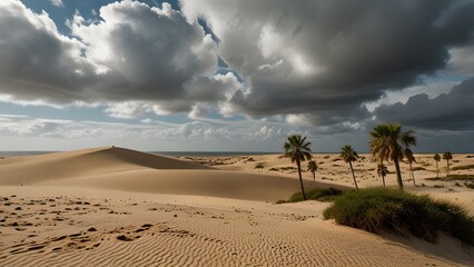 Dramatic Clouds Over Coastal Dunes and Palm Trees