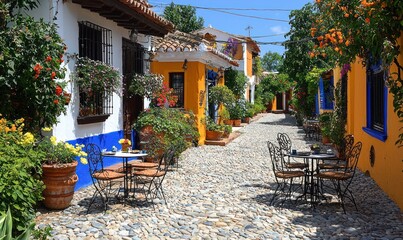 Obraz premium Charming cobblestone street lined with colorful buildings, overflowing with vibrant flowers and outdoor cafe seating