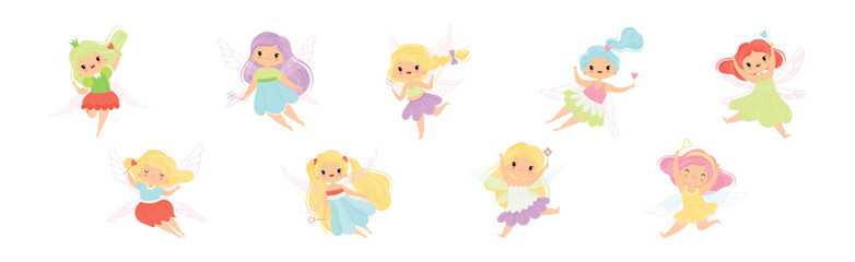 Cute Fairy and Pixie Character with Wings and Magic Wand Vector Set