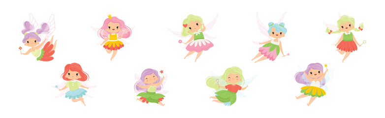Cute Fairy and Pixie Character with Wings and Magic Wand Vector Set