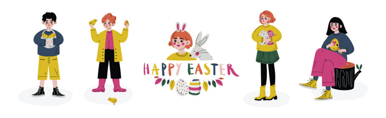 Kid Celebrate Easter Spring Season Holiday Vector Set
