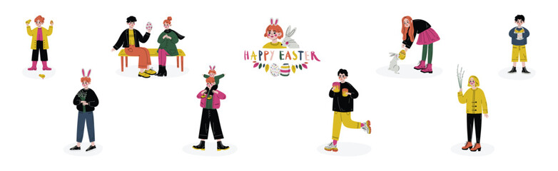 Kid Celebrate Easter Spring Season Holiday Vector Set