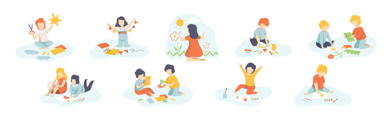 Kids Doing Creative Activity and Craft Vector Set