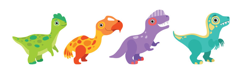 Funny Dinosaur Colorful Character with Cute Face Vector Set