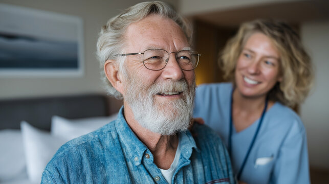 Gentle reassurance, a kind nurse offers comfort and a warm smile to a senior gentleman, fostering trust and wellbeing, perfect for healthcare, senior living, or compassionate care visuals.