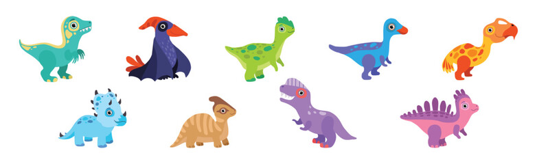 Funny Dinosaur Colorful Character with Cute Face Vector Set