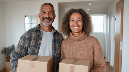 Joyful beginnings bloom as this mature couple, beaming with happiness, carries boxes into their new home, suggesting fresh starts and comfortable retirement.