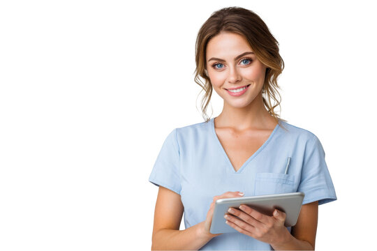 Smiling doctor holding tablet isolated on transparent background for medical concepts
