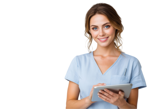 Smiling doctor holding tablet isolated on transparent background for medical concepts