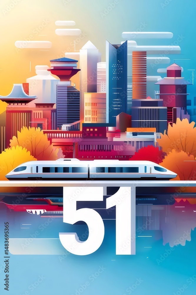 Poster 未来的な都市のイラストと高速列車のイラスト 秋の木々の鮮やかな色彩が調和する抽象的な都市景観デザイン