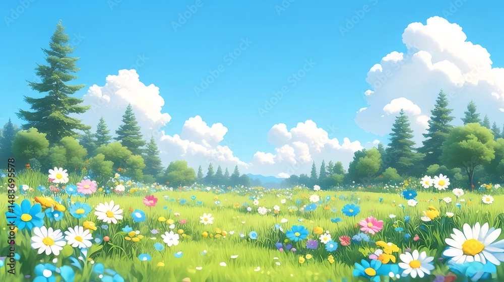 Aufkleber 青い空と白い雲の下に広がる緑の草原と色とりどりの花が咲き乱れる美しい風景のイラストレーション