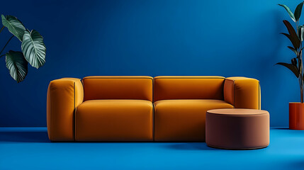 Modern orange sofa and brown ottoman in minimalist blue room