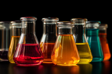Flasks and test tubes with multi-colored chemical liquids for experiments. Innovation in the scientific world. Copy space. Banner